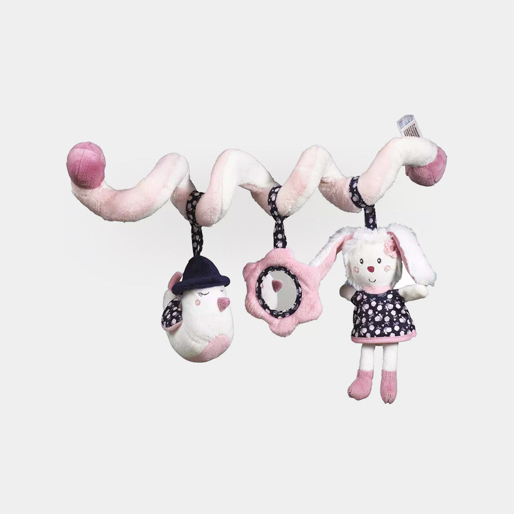 minkšta, prisegama kūdikiu veiklos spiralė, juodos, rožinės ir baltos spalvos, su paukštuku, zuikiu ir gelyte su veidrodėliu