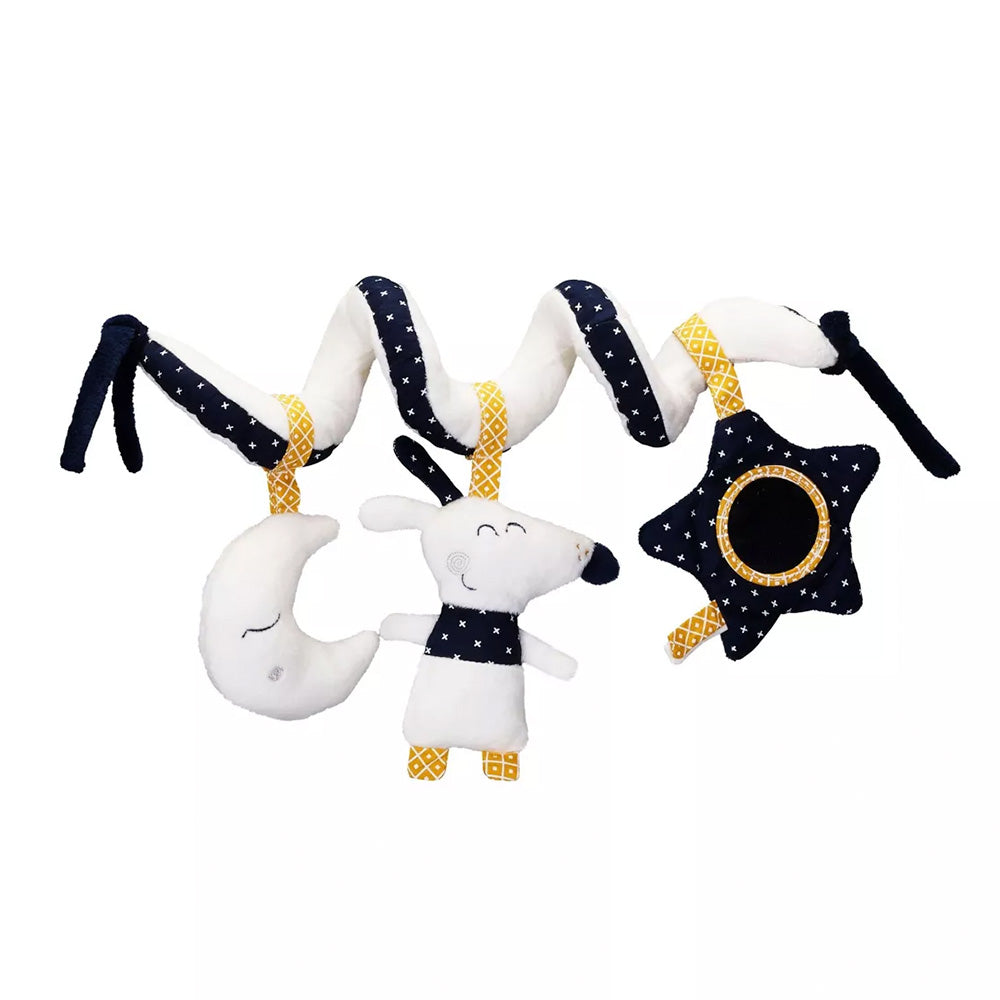 Minkšta lavinamoji veiklos spiralė. Spalvos: juoda, balta ir geltona. Traška, skamba ir turi veidrodėlį. Pakabinti trys žaisliukai: pelytė, mėnulis ir žvaigždė.